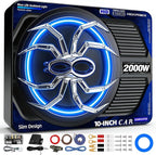 2000W 10 Inch Underseat Car Subwoofer and Amp Package, Slim Powered Under Seat Sub with Built-in Class D Amp and DSP, Blue LED Switch, Low Pass Filter, Bass Boost for Truck SUV