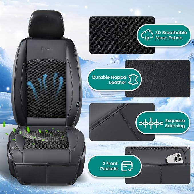 Cooling Car Seat Cover Front Seat, 12V-24V Ventilated Seat Cushion, Cooling Car Seat Cushion with 2 Powerful Turbo Fans 3-Speed Adjustable for Summer Driving, Universal Fit for Car SUV Truck