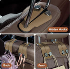 CoBak Purse Hook for Car - Universal Premium Stitched Leather and Aluminum-Magnesium Alloy Double Car Seat Back Storage Hook for Purses, Handbags, Bags (2 Pack),Khaki Beige