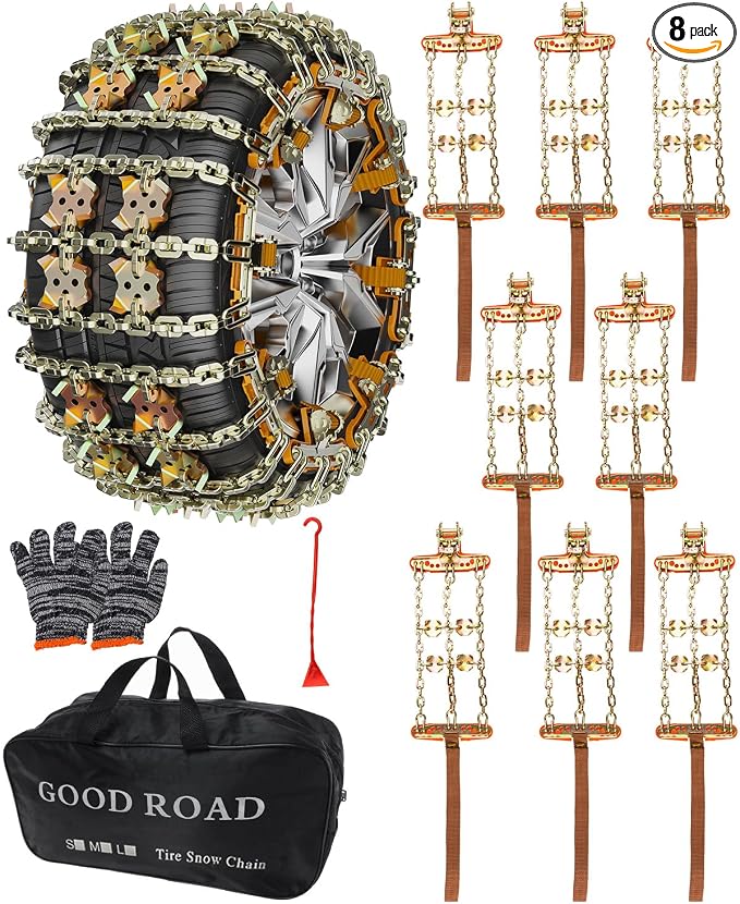 Tire Chains for Car/SUV/Pickup Truks, Adjustable Universal Emergency Snow Chains for Tire, 8.7-11.1 inch, 8 Pcs
