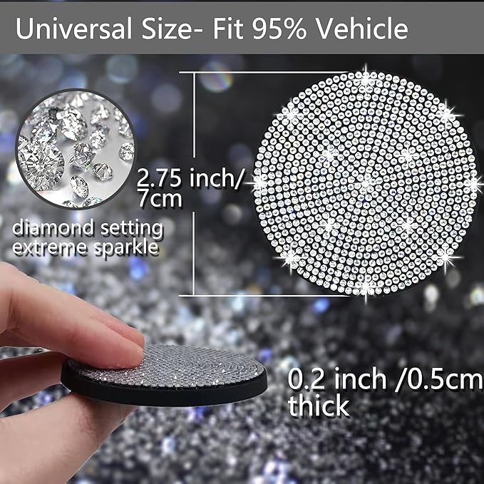 2pcs Bling Car Cup Holder Coaster, 2.75 inch Anti-Slip Shockproof Universal Fashion Coasters Insert Crystal Rhinestone Automotive Interior Accessories for Women (2 pcs, White)