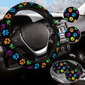 Paw Print Steering Wheel Cover Anti-Slip and Practical 14.5-15 Inch Universal Car Steering Wheel Cover with 2 Pieces Car Coasters Suitable for Men Women