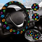 Paw Print Steering Wheel Cover Anti-Slip and Practical 14.5-15 Inch Universal Car Steering Wheel Cover with 2 Pieces Car Coasters Suitable for Men Women