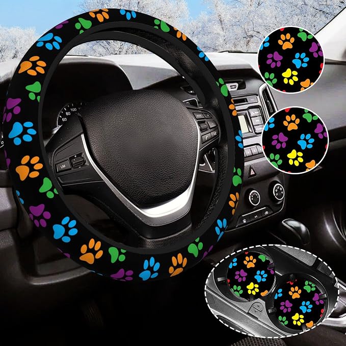 Paw Print Steering Wheel Cover Anti-Slip and Practical 14.5-15 Inch Universal Car Steering Wheel Cover with 2 Pieces Car Coasters Suitable for Men Women