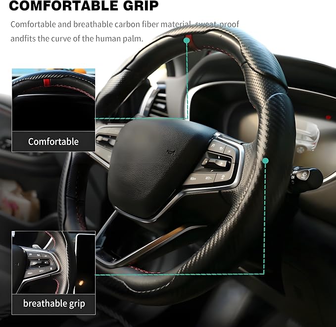 3PCS Carbon Fiber Steering Wheel Cover-Segmented Clip-On Design Anti-Slip & Scratch Resistant Universal Fit 14.5"-16" for Cars/Truck/SUV Great Gift for Men & Women