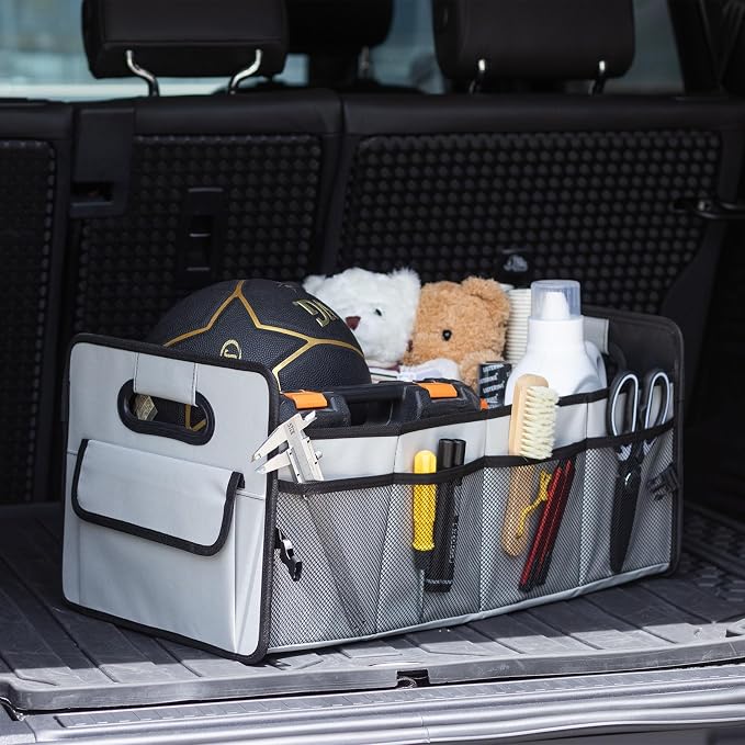 Car Trunk Organizer, Car Organizers and Storage Collapsible Multi Compartment Container Box, Adjustable Car Accessories for SUV Sedan Truck, Standard Size, Grey