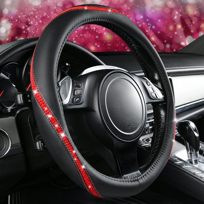 Bling Diamond Black Leather Steering Wheel Cover, Studded Crystal Rhinestones Universal Fit 14" 1/2-15" Glitter for Women Sparkle Girl Fit Suvs,Vans,Sedans,Car,Trucks, Red Diamond