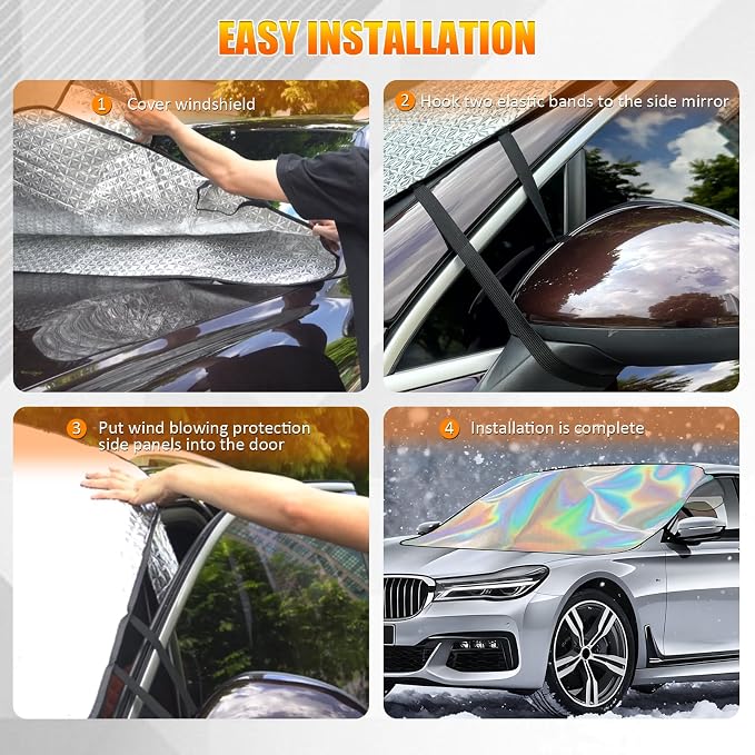 Car Windshield Snow Ice Cover, Laser Titanium Silver Windshield Snow Ice Cover with Magnetic Edges Used for Snow Protection, Rain and Sun, Fits for Most Cars, SUV(63"x47")