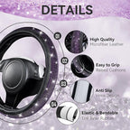 Bling Diamond Leather Steering Wheel Cover 14.5in-15in Floor Mats Shining Rhinestone Carpet Sparkly Glitter Crystal Anti-Slip Pad Fit Automotive SUV Pickup Truck Girl Women, 5pcs Black Purple