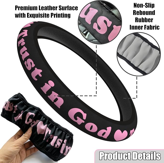 Christian Trust in God Car Steering Wheel Cover with 2 Pack Coasters for Women, PU Leather Pink Car Accessories, Religious Gifts, Universal 14.5-15.5" Fit for Cars, SUVs, Trucks