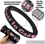Christian Trust in God Car Steering Wheel Cover with 2 Pack Coasters for Women, PU Leather Pink Car Accessories, Religious Gifts, Universal 14.5-15.5" Fit for Cars, SUVs, Trucks