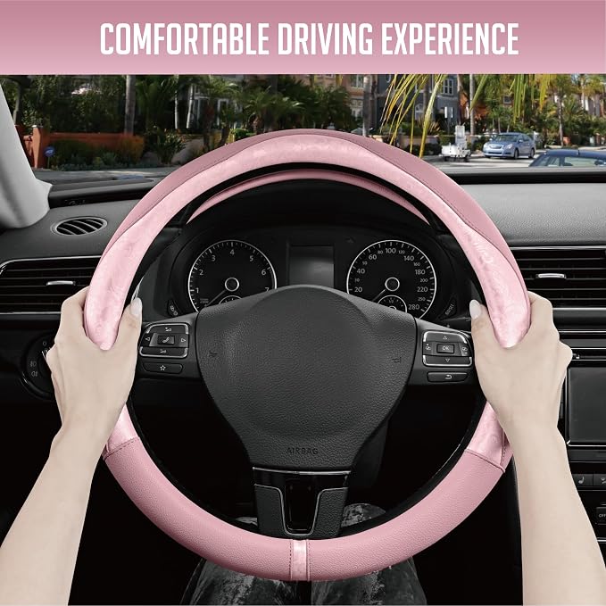 Steering Wheel Cover, Pink Patterned Leather Patchwork Design, Universal Fit 14.5"–15.5", Anti-Slip, Odor-Free, Soft PU Grain Leather, Durable Grip Car Accessory for Girls & Women