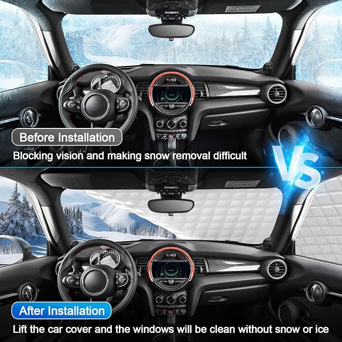 6 Layers Windshield Snow Cover Universal Midsize Sedan/Compact SUV Protection Hail & Snow Shield | Scratch-Free Hooks + Reflective Strips + Mirror Covers
