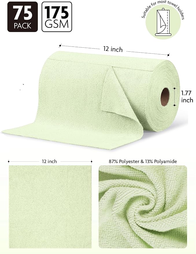 Microfiber Cleaning Cloth Roll- 75 Sheets, 12" x 12" (Green) | Super Absorbent, Lint-free, Tear-away Microfiber Towel Roll, for All-Purpose Cleaning, Reusable Alternative to Paper Towels