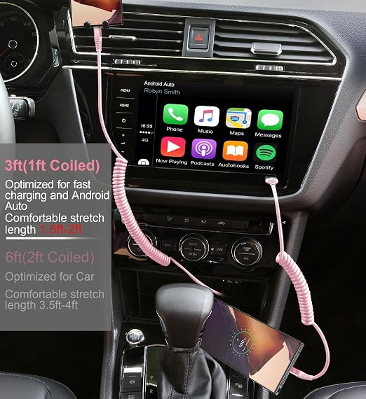 USB C Cable Fast Charging Cable [3FT+6FT], Coiled USBA to USBC Cable for Car, USB C Cord iPhone USB-C Cable Compatible with iPhone 17 16 15 Pro Max,Samsung Galaxy S10 S9 and More-Pink