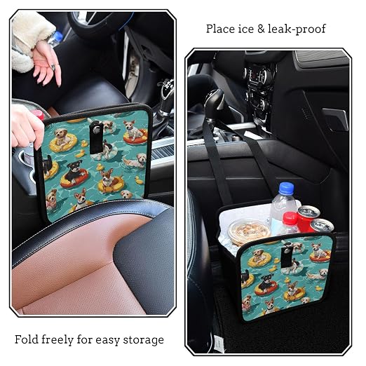 Car Trash Can Organizer Bin with Adjustable Strap for Back Front Seat Console Waterproof Leakproof Collapsible Portable 8.66 Inch Teal Swimming Pool Dogs and Ducks