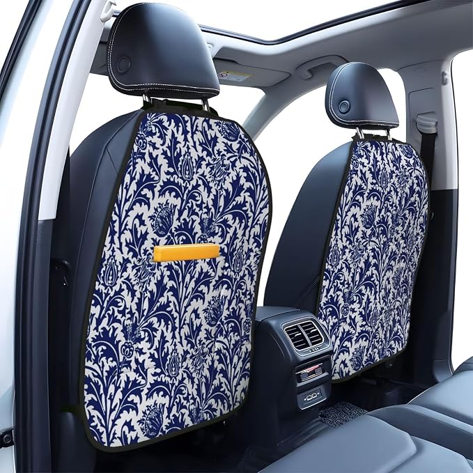 William Morris Thistle Damask, Navy Blue And White Car Seat Back Kick Protectors Kick Mats With Storage Pockets For Vehicles To Protect From Dirt Mud Scratches 2 Pack