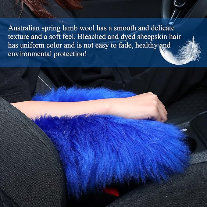 Furry Armrest Cover Auto Center Console Cover Car Soft Console Pad, Real Sheepskin Wool Soft Fluffy Auto Center Armrest Pad for Most Car Decoration Protector(Blue)