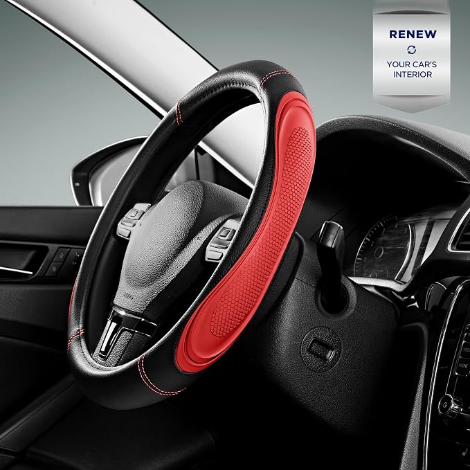 Car Steering Wheel Cover - Microfiber Leather Steering Wheel Wrap Sports 14.5-15 Inch Steering Wheel Cover Non-Slip for Men Women Red Color