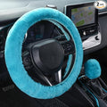 Furry Car Steering Wheel Cover with Gear Shift Cover, Soft and Warm, Cute Fluffy Auto Decor for Women Men, Standard Size, 2 PCS Set, Cyan