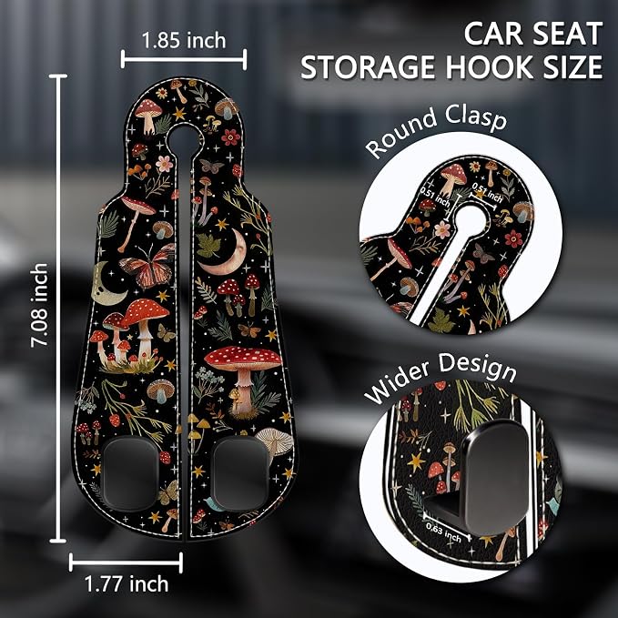 2PCS Car Seat Back Storage Headrest Hooks, Mushroom Moon Purse Holder Bags Hanger, PU Leather Double Metal Hook for Backseat Organizer, Women Car Accessories Organization