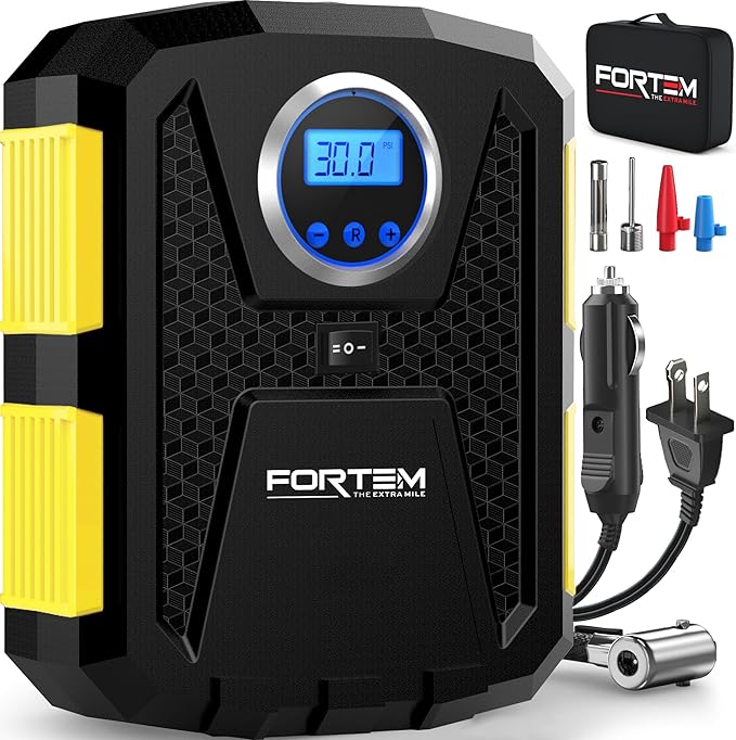 Tire Inflator Portable Air Compressor, Air Pump for Car Tires and Bikes, Car Tire Pump w/Auto Shut Off, 150 PSI, 110V AC 12V DC, LED Light, Carrying Case, Perfect For Men, Women