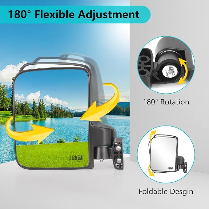 Golf Cart Mirror No Drilling Side Mirrors Universal for Yamaha, Club Car, EZGO, Folding Side Rear View Mirrors Adjustable 180 Degree HD Glass