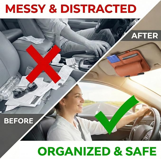 Car Visor Organizer – Sun Visor Storage Pouch Holder for Vehicle Truck SUV, PU Leather Auto Interior Accessories for Registration Document, Gas Card & Sunglasses, Universal Fit (Oranger) | Keeps Registration, Cards & Sunglasses Neatly Within Reach