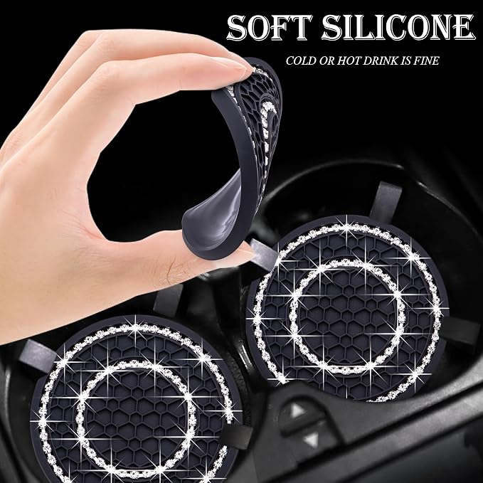 4PCS Bling Crystal Rhinestone Cup Holder Coaster, 2.75 inch Soft Silicone Anti-Slip Shockproof, Car Cup Holder Insert Coasters, Universal Car Interior Accessories for Women (Black & White)