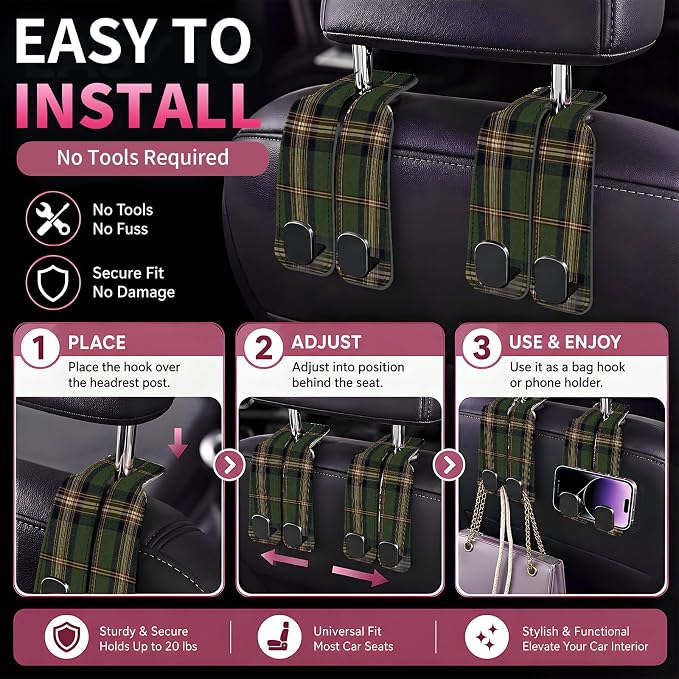 Car Seat Back Storage Hook, Funny Car Purse Hook, Cute Vehicle Storage Organizer for Purses Handbags Brown Green Plaid