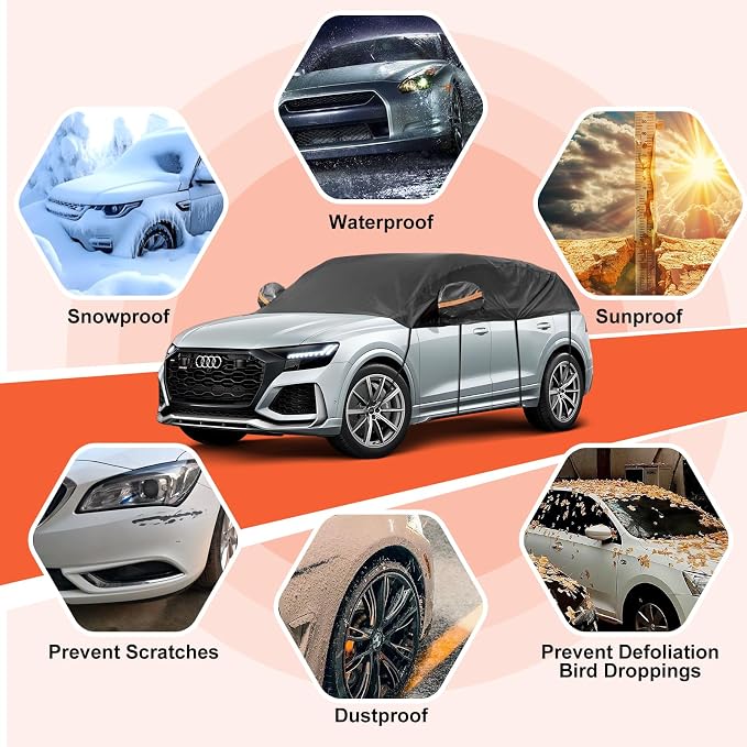 Half Car Cover Top, Snow Car Cover for Compact SUV with Cotton Liner, Sunroof & Windshield Cover for Ice and Snow, All Weather Vehicle Body Cover for Sun, Rain, Dust, Fit SUV 178-189 inchs