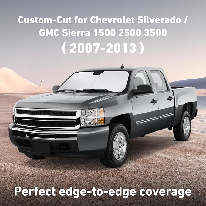 Windshield Sunshade Compatible for Chevrolet Silverado/GMC Sierra 1500 2500 3500 2007-2013, Front Windshield Sun Shade Cover, UV Heat Blocker & Protector, Car Sun Visor Interior Accessory
