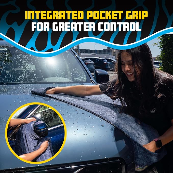Twisted Loop Microfiber Drying Towel with Hand Pockets | Megalodon Built-in slots give a secure grip, full control while you safely clean your car, 24"x36"