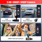 2.5K 3 Channel Dash Cam 360° View,3.16'' DashCam Front and Rear Inside Camera for Cars,WiFi & APP/GPS/Night Vision/Loop Recording/G-Sensor/24H Parking Mode/Suction Cup,Included 64G Card