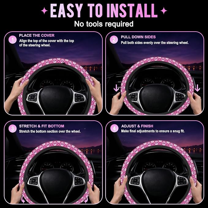 Day of the Dead Sugar Skull Steering Wheel Cover for Women Men Neoprene Breathable Pink Floral Wheel Cover Protector Anti-Slip Car Accessories Universal 15 Inch Fit for Cars Trucks Vehicles