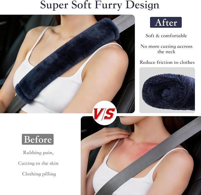 Soft Faux Fur Universal Fit Seatbelt Cover Car Truck SUV Airplane Seat Belt Shoulder Pad for Carmera Backpack Straps Neck Cushion Protector 2 Pack 10.5in Dark Blue