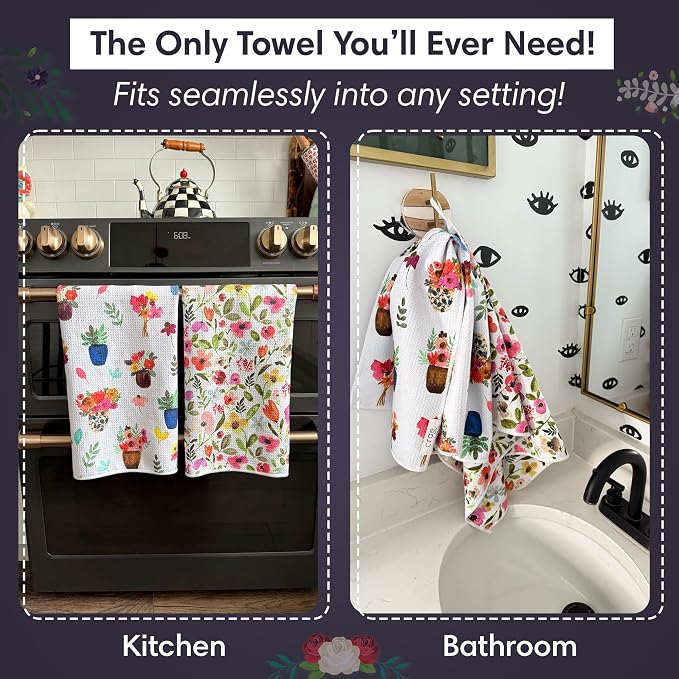 crae. Microfiber Hand Towel & Washcloth Set of 2 - Double-Sided, Waffle Weave, Super Absorbent, Lint-Free, Fast Drying - for Bathroom, Kitchen, Car, and Window Cleaning (Petal Lane/Posey)