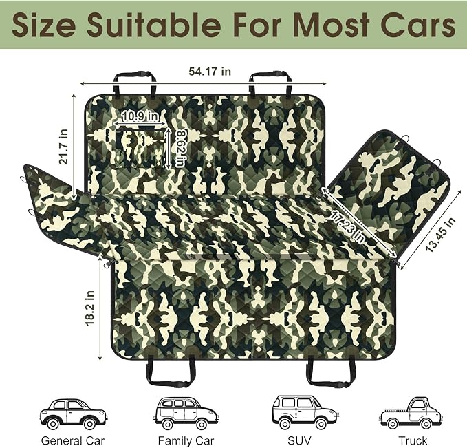 Waterproof Dog Car Seat Cover for Back Seat, Pet Hammock- S, Camouflage | Durable waterproof hammock with nonslip design & storage pockets. Protects seats from scratches, fits cars, SUVs & trucks.