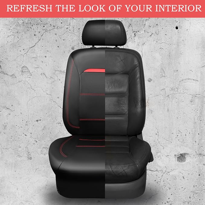 Leather Car Seat Cover Full Set with Steering Wheel Cover and 2PCS Seat Belt Shoulder Pads,for Trucks and SUV with Built-in Seatbelts and Front Seat Side Armrests(Combo Set, Black and Red)