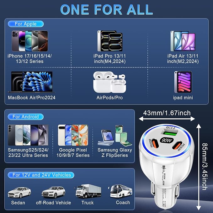 Car Charger Adapter, 3 Port USB-C & USB-A 90W Fast Charger, Car Interior Accessories, Essential Travel Gifts for Men and Women, Fit for iPhone 17/16/15/14/13Pro Max, Samsung, Android (White 1pc)