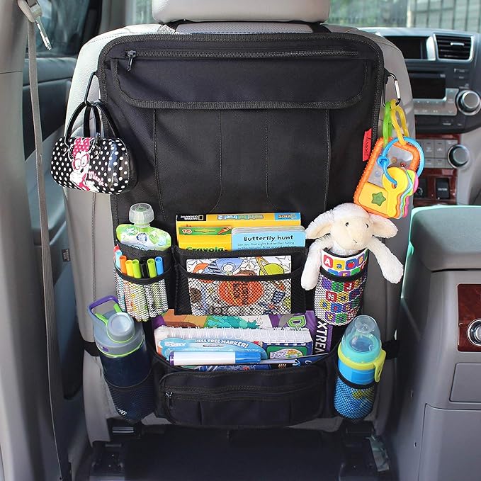 Heavy Duty Back Seat Car Organizer Extra Large for Powerful Protection, Sag Proof & Reinforced Corners, Protects iPad & Backseat, 12 Versatile Car Seat Organizer Storage Compartments, (Tan)