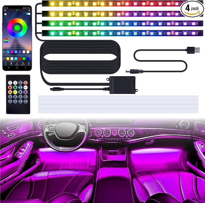 72 LED Lights for Car, 5V LED Strip Lights with USB Adapter, App & Remote Control Music Sync Color Change, Interior Car Lights for Car Decor, Car Accessories for Women Men