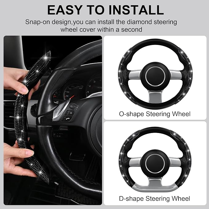 2PCS Bling Diamond Segmented Steering Wheel Cover with Crystal Rhinestones, Wheel Protector Non-Slip Cute Car Accessories Universal Fit D-Shape O-Shape 14.5" to 16" for Women, Black Diamond