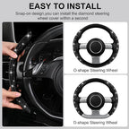 2PCS Bling Diamond Segmented Steering Wheel Cover with Crystal Rhinestones, Wheel Protector Non-Slip Cute Car Accessories Universal Fit D-Shape O-Shape 14.5" to 16" for Women, Black Diamond