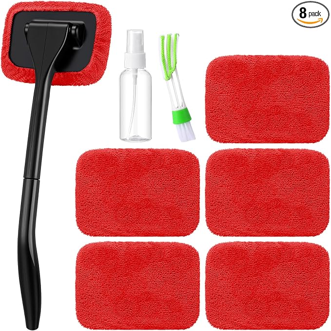 8 Pcs Car Windshield Cleaner Tool Kit with Removable Handle, Microfiber Towel Pads, Brush, Empty Spray Bottle for Auto Glass Wiper Suvs Rvs & Home Windows(Red)