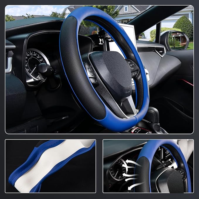 D Shaped Steering Wheel Cover for 14.5-15 inch Flat Bottom Wheels, Breathable Perforated Microfiber Leather, Anti-Slip Grip, Universal Fit for Cars & SUVs, Black and Blue