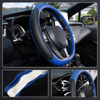 D Shaped Steering Wheel Cover for 14.5-15 inch Flat Bottom Wheels, Breathable Perforated Microfiber Leather, Anti-Slip Grip, Universal Fit for Cars & SUVs, Black and Blue
