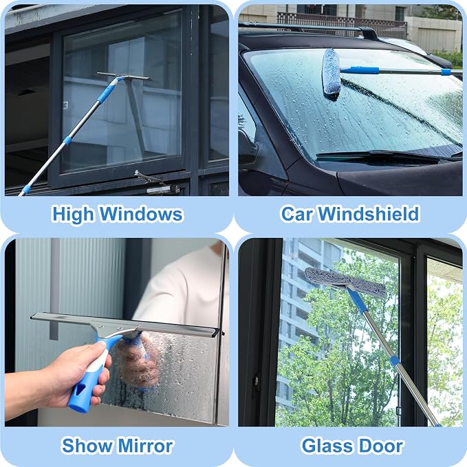 77'' Professional Squeegee Window Cleaner Tool with Extension Pole, Car Windshield Cleaning Kit with Long Handle, Window Washing Equipment for Indoor Outdoor Windows & Car Glass