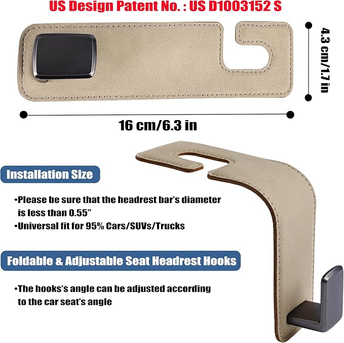 Car Seat Back Hook Universal Auto Storage Hanger Suede with Metal Car Seat Organizer for Handbag Purse Coat Umbrellas Grocery Bags 2 Pack Beige