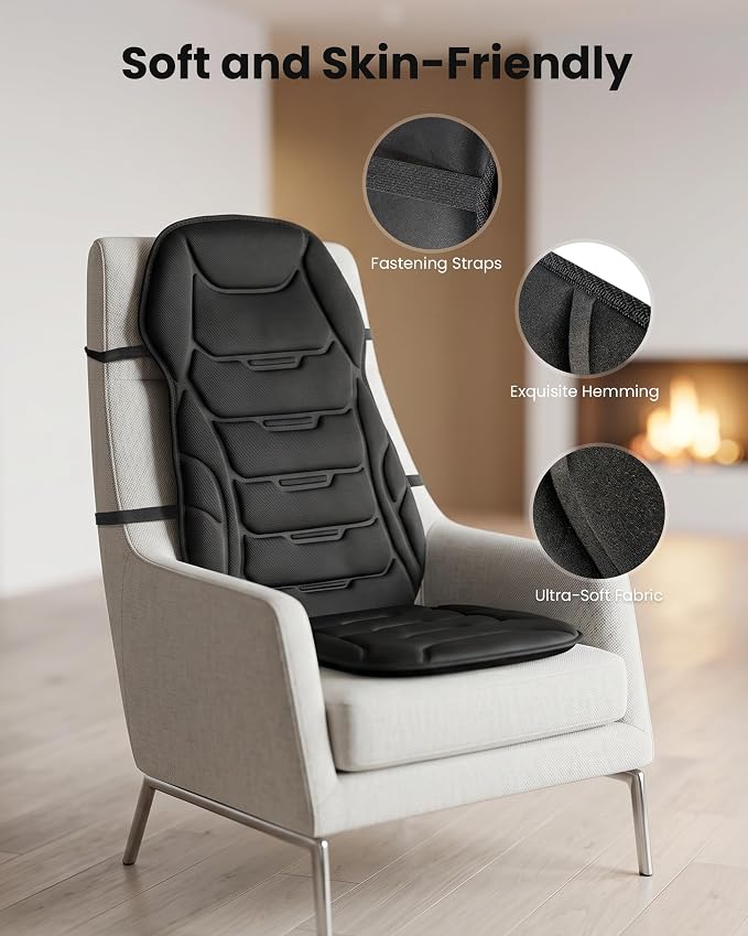 Back Massager with Heat, Vibration Massage Seat Cushion with 8 Massage Nodes & 5 Modes, Adjustable Chair Massager Pad for Home Office, Heated Chair Pad, Gifts for Women Men Mom Dad